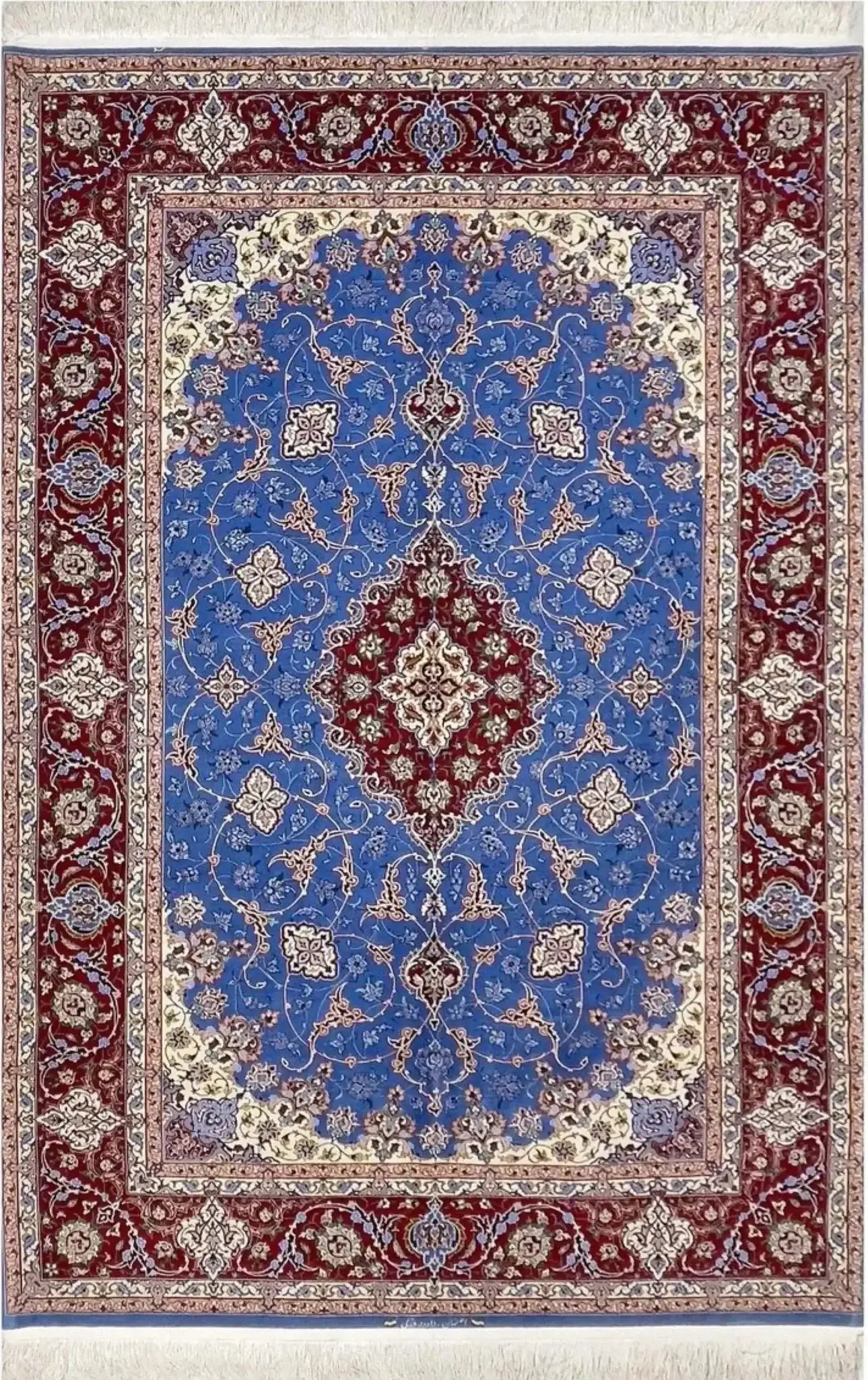 "Hand-knotted Saieed Davarie Persian rug, crafted in Isfahan, featuring a silk and wool blend in blue and red design."